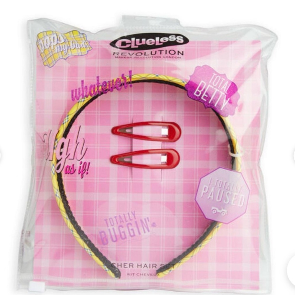 Clueless x Revolution 3-piece Hair Set Accessories Yellow Plaid Band Red Clips